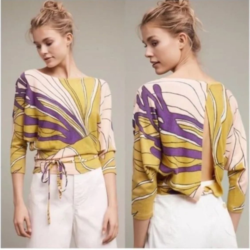 ANTHROPOLOGIE | Golden Yellow, Pink, and Purple Tramma Wrap Sweater | XS